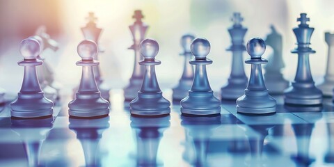 Chess pieces are stand in position for a game start, captured with a blue monochromatic hue adding a cool undertone