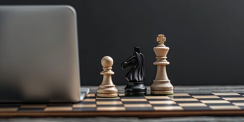 Chess pieces, including a knight and king, positioned beside a contemporary laptop, symbolizing strategic thinking