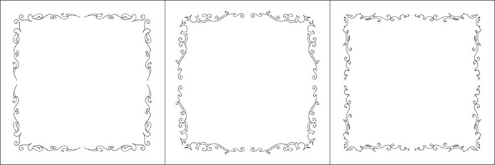 Set of three thin vegetal vector frames with leaves. Black and white. Vector frame for all sizes and formats. Isolated vector illustration.	
