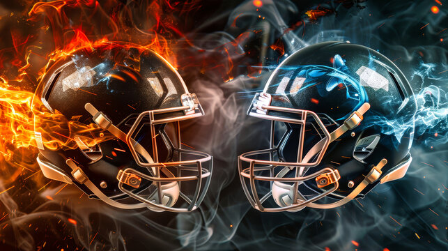 Two football helmets, engulfed in flames and smoke, face off in a dramatic and intense confrontation