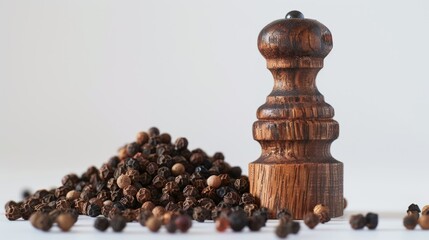 A wooden pepper mill sits next to a pile of pepper, perfect for adding flavor to your dishes