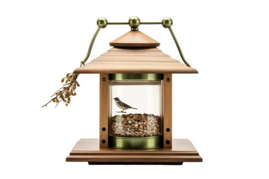 A Wooden Birdhouse Feeder With A Tiny Bird Inside, Against A White Background on a Clear PNG or White Background.