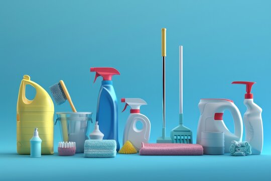 Various cleaning products arranged on a blue background