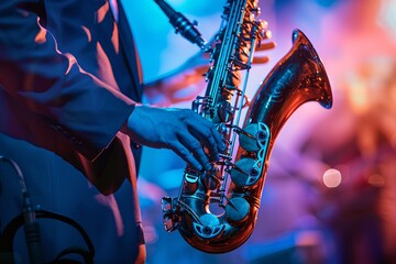 Jazz musician is playing the saxophone live on stage with blue and purple lighting