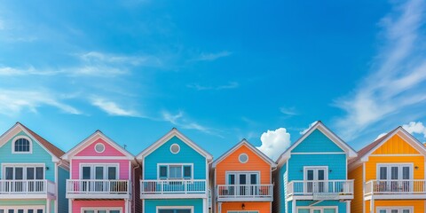 Colorful beachfront properties with unique architecture against a backdrop of blue sky and puffy clouds, highlighting residential and vacation homes