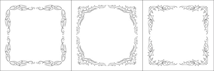 Set of three vector frames. Elegant black and white monochrome ornamental border for greeting cards, banners, invitations. Vector frame for all sizes and formats. Isolated vector illustration.	
