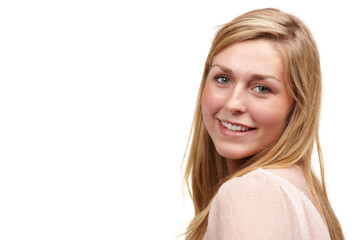 Studio, woman and happy in portrait for beauty on white background, natural or organic treatment. Face, female person and smile or satisfied in skincare routine for wellness, self care and confident