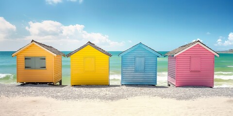 Naklejka premium Vibrant, multicolored beach huts line a sandy beach, symbolizing summer, vacations, and seaside leisure