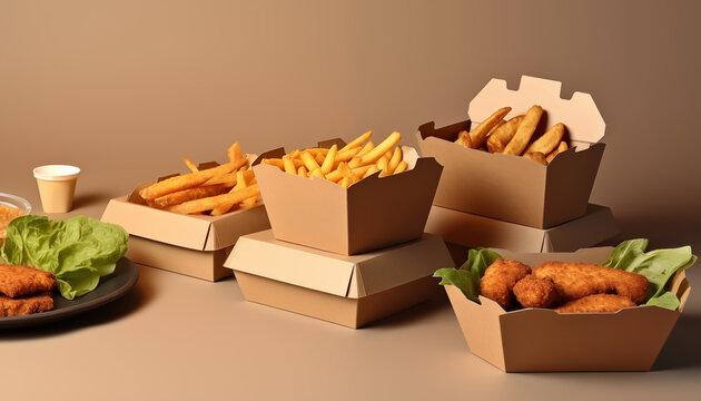 Fast food in cardboard boxes Chicken nuggets french fries and potato wedges in ecofriendly packaging Takeaway food concept