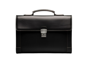 A Classic Black Leather Briefcase With a Silver Lock on a Clear PNG or White Background.