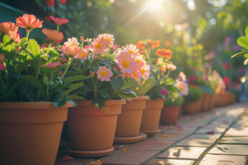 various potted plants in the garden at sunny day