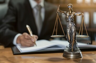 Lawyer is holding the scale of justice while taking notes at his desk 