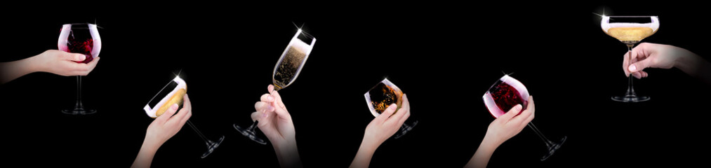 Hands are raising glasses for toasting in celebration with sparkling drinks