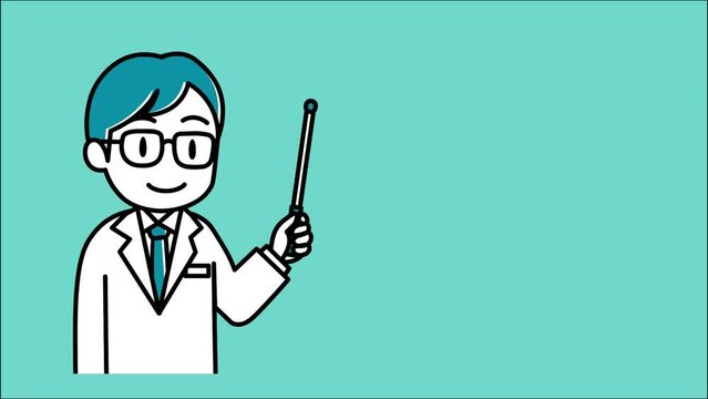 指示棒を持ち口パクで説明する白衣の男性医師