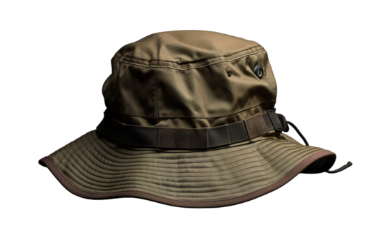 A Worn Canvas Bucket Hat With Adjustable Strap and Drawstring on a Clear PNG or White Background.
