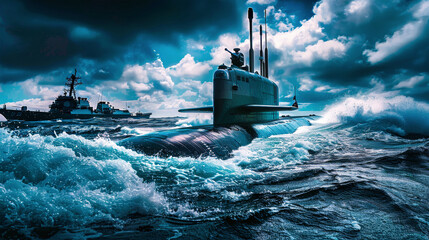 A submarine breaks through the waves, leaving a trail of foam in its wake
