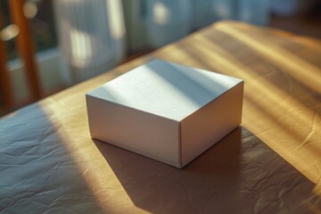 A simple white box sits on the bedside table with a minimalist interior