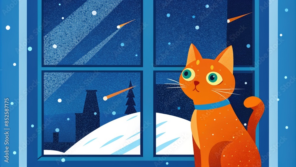 Sticker Orange Cat Looking Out at Falling Snow