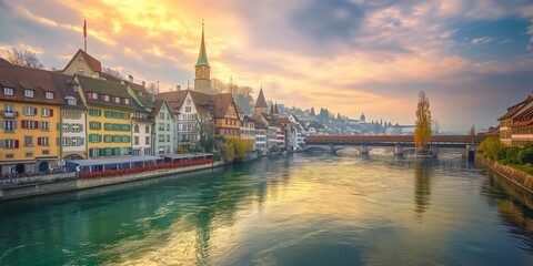 Obraz premium A picturesque scene with a tranquil river flanked by historic buildings during sunrise, featuring soft lighting and a clear sky