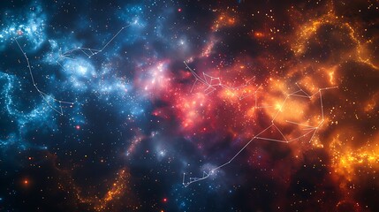 Fototapeta premium An abstract scene of stars forming constellations with thin connecting lines over a dark celestial background. The vibrant stars are connected by fine lines.