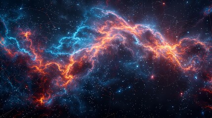 Obraz premium An abstract scene of stars forming constellations with thin connecting lines over a dark celestial background. The vibrant stars are connected by fine lines.