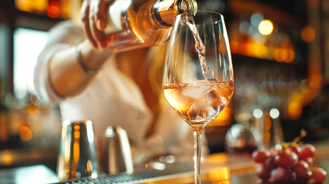 A close-up shot of a bartender pouring rose wine into a glass filled with ice. The warm lighting and blurred background create a cozy atmosphere