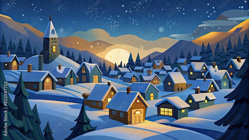 Wall mural Snowy Village with Lights Glowing at Night