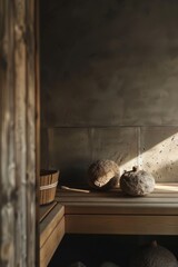 Obraz premium A simple composition featuring two rocks sitting on top of a wooden bench, great for adding texture and natural elements to your design