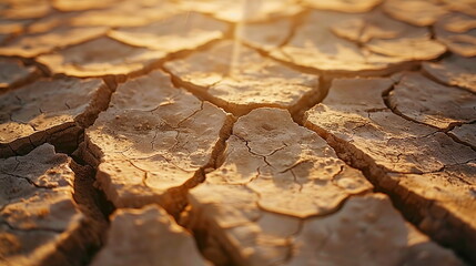 A barren landscape with cracked earth and dried-up riverbeds under a scorching sun, depicting...
