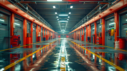 Fototapeta premium A modern, well-lit warehouse interior with high shelves and yellow floor markings