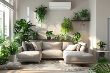 A cozy living room filled with various green plants, perfect for a home decor or interior design concept