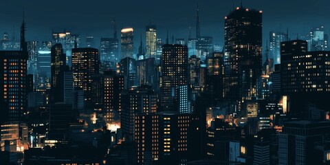 Obraz premium The city skyline emerges with tall skyscrapers illuminated against the dark night sky, exuding a sense of urban business and activity