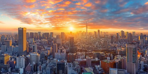 Expansive cityscape at sunset with illuminated buildings against a dramatic sky, showcasing urban life and development
