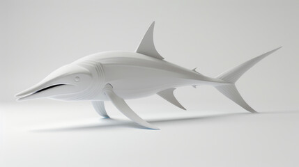Fototapeta premium Artistic representation of a white shark sculpture in minimalist style, displayed against a clean, light background.