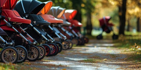 A lineup of modern baby strollers on a park path with autumn foliage, indicating childcare, parenting, or a social event for families