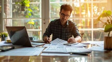 Fototapeta premium Focused man working with papers and laptop at home, analyzing documents during a sunlit day.
