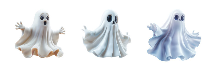 Cute Cartoon Ghosts with Spooky Expressions on Transparent Background for Halloween