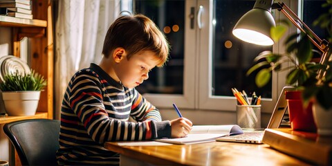 The boy is doing his homework in his room at his desk.