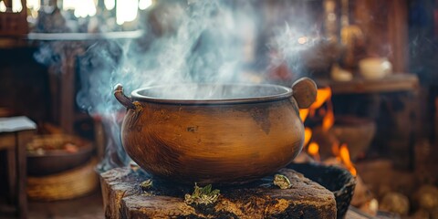 A traditional cooking pot steams heartily over a rustic, open fire in a cozy, old-world setting