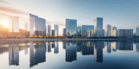 A contemporary cityscape reflected in still water during a clear day, perfect for urban themes