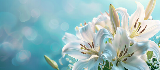 Fototapeta premium Close up with a white lily on a blue sky background
