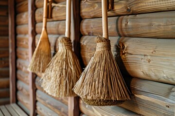 A collection of brooms displayed on a wall, ideal for use in illustrations about household chores or rustic themes