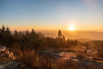 Sunrise from Lysa hora hill in Moravskoslezske Beskydy mountains in Czech republic