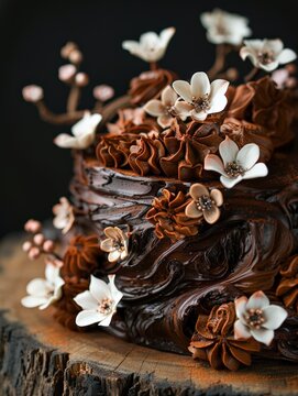 Elegant chocolate cake with delicate white flowers and floral decorations, set on a wooden platform. Perfect for celebrations.