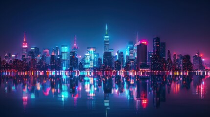Stunning night skyline of a vibrant city with colorful lights reflecting off the water, showcasing urban beauty and modern architecture.