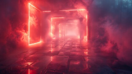 Beams of light intersecting in a dense fog, forming glowing octagons that illuminate the mist. The scene exudes a sense of mystery and otherworldliness.