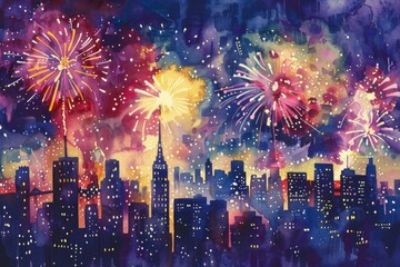 Obraz premium Colorful fireworks exploding in the night sky above a bustling metropolis, with skyscrapers and buildings visible below