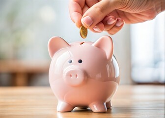 A hand putting a coin into a piggy bank.