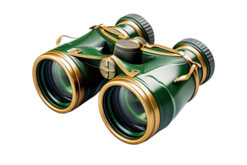 Emerald Green Binoculars With Golden Accents Ready for Exploration on a Clear PNG or White Background.