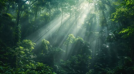 Obraz premium Sunlight filters through the dense canopy of a vibrant, lush rainforest, creating beautiful beams of light in a tranquil, green landscape.